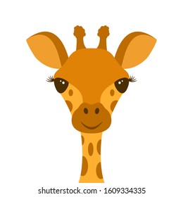 Cute giraffe head isolated on white background. African wild animal. Illustration with little giraffe in cartoon style can be used for children's clothing or things design, animal shop, holiday card. 