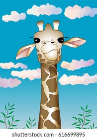 Cute giraffe head  with a sky in the background. Vector illustration.