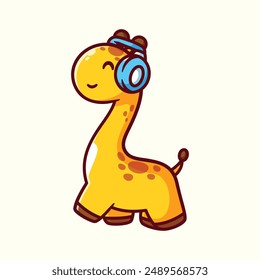 Cute Giraffe With Headset Vector Icon Illustration