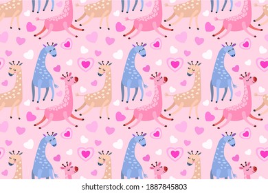Cute giraffe with heart shape seamless pattern for fabric textile wallpaper.