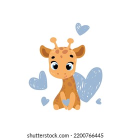 Cute giraffe with heart. Vector print for Valentines day, children room, fabric, paper, greeting card, postcard, card, t shirt, poster, textile. Vector illustration. Happy birthday card. 