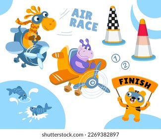 Cute Giraffe und Nilpferd im Flugzeug. Zeichentrickfigur für Design. Vektorgrafik einzeln auf weißem Hintergrund. Verkehr und Luftrennen. 