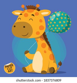 Cute giraffe holding a balloon. Paper cut art.