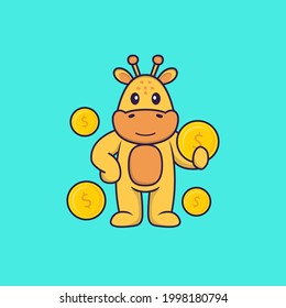 Cute giraffe holding coin. Animal cartoon concept isolated. Can used for t-shirt, greeting card, invitation card or mascot.