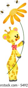 Cute giraffe holding flower with bees
