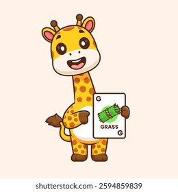 Cute Giraffe Holding Grass Card Game Cartoon Vector Icon Illustration. Animal Holiday Icon Concept Isolated Premium Vector. Flat Cartoon Style