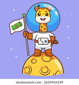 Cute Giraffe Holding Grass Flag On Moon Cartoon Vector Icon Illustration. Animal Science Icon Concept Isolated Premium Vector. Flat Cartoon Style