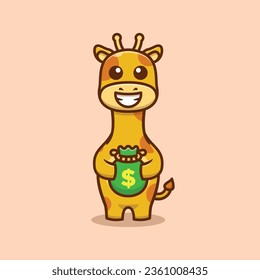 Cute Giraffe Holding Money Bag Character Cartoon Vector Illustration.