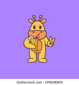 Cute giraffe holding orange juice in glass. Animal cartoon concept isolated. Can used for t-shirt, greeting card, invitation card or mascot.