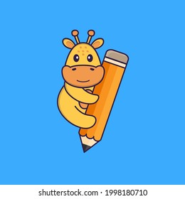 Cute giraffe holding a pencil. Animal cartoon concept isolated. Can used for t-shirt, greeting card, invitation card or mascot.