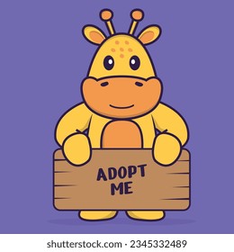 Cute giraffe holding a poster Adopt me. Animal cartoon concept isolated. Can used for t-shirt, greeting card, invitation card or mascot