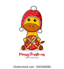 Cute giraffe holding present greeting merry christmas and happy new year cartoon doodle card illustration flat cartoon style