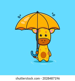 Cute giraffe holding umbrella alone in the rain cartoon icon illustration. Design isolated flat cartoon style