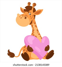 Cute giraffe holds a heart in his hands. Kid's print for clothes, textiles, t-shirts. Cheerful character