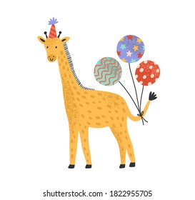 Cute giraffe in holiday cap hold bright festive balloons. Flat vector cartoon childish illustration for birthday party. Funny animal character isolated on white background