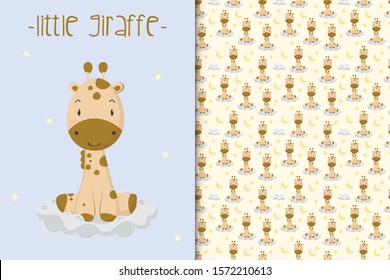 Cute Giraffe illustration and seamless pattern in the soft yellow backdrop