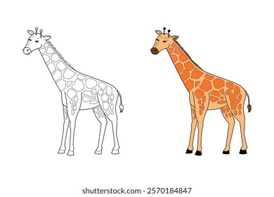 A Cute Giraffe isolated black and white outline with colour guide for coloring book