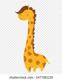 Cute giraffe isolated on transparent background, african animal for baby shower invitation, tshirt print, smiling lovely giraffe scandinavian simple Cartoon vector hand drawn illustration, clip art