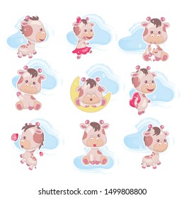 Cute giraffe kawaii cartoon vector characters set. Adorable and funny animal with clouds isolated sticker, patch, kids book illustration. Anime happy and playful baby giraffe emoji on white background