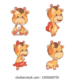 Cute giraffe kawaii cartoon vector characters set. Adorable and funny animals playing with toy, backpack isolated stickers, patches collection. Anime baby giraffe poses emoji on white background
