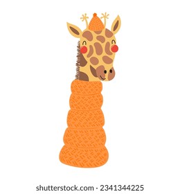 Cute giraffe in knitted scarf, hat character illustration. Hand drawn animal, Scandinavian style flat design, isolated vector. Kids autumn, fall print, element, seasonal activity