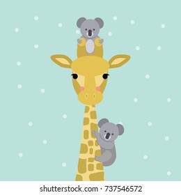 Cute giraffe and koala bear colored looking straight at you. Vector illustration. Modern design.