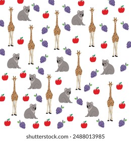 cute giraffe, koala with grape and apple as a pattern background