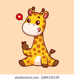 Cute Giraffe With Korean Love Sign Hand Cartoon Vector Icon Illustration. Animal Love Icon Concept Isolated Premium Vector. Flat Cartoon Style