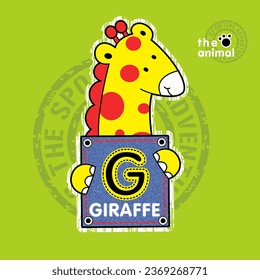 Cute giraffe learning the alphabet, t-shirt design vector illustration