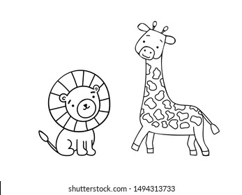 Cute Giraffe And Lion Are Drawn In Black Outline On A White Background