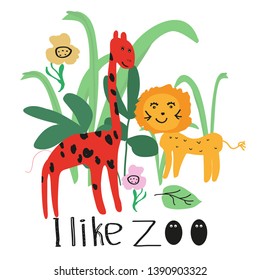 Cute giraffe with cute lion. Hand drawn characters. Lettering l like zoo, vector illustration