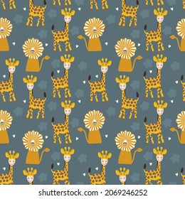 La jirafa cutánea y el patrón sin fisuras del león. Textura de niños escandinavos creativos para tela, envoltura, textil, papel pintado, vestimenta. Vector.