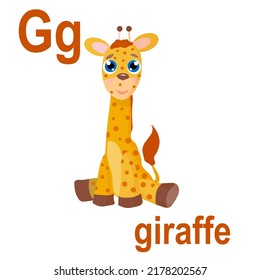 Cute giraffe, long neck, with beautiful bright spots on the body, jungle and savannah, ABC children's banner. Postcards, a poster with the alphabet.  Game room design. Gee is a giraffe. Vector