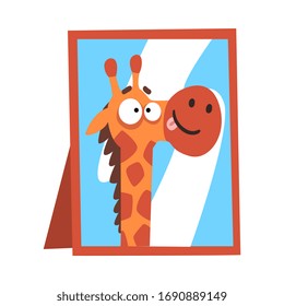 Cute Giraffe Looking at the Mirror, Funny Crazy African Animal Cartoon Character Vector Illustration