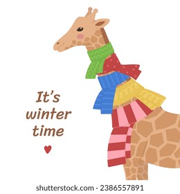 Cute giraffe with many scarves around his neck isolated on a white background. Winter time, stay warm. Vector illustration for greeting card, poster, banner