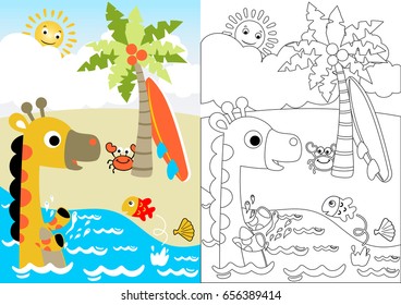 Cute giraffe with marine animals in the beach, vector cartoon, coloring book or page