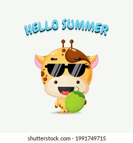 Cute giraffe mascot carrying coconut with summer greetings
