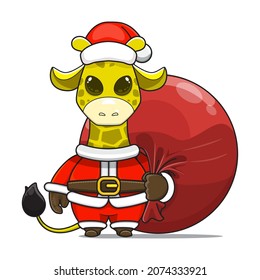 cute giraffe mascot, carrying red bundle bag and wearing santa claus costume, cute animal character wearing christmas costume, front view. kawaii and shiny style, perfect for christmas content