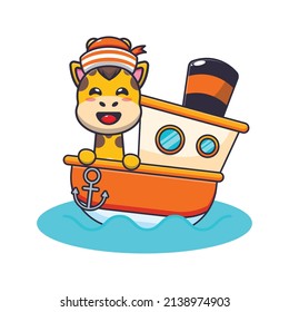 cute giraffe mascot cartoon character on the ship