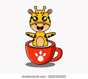 Cute Giraffe Mascot Character in Red Coffee Cup, Cheerful Expression, Vector Illustration on White Background for Children's Design