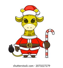 cute giraffe mascot, holding candy cane, wearing santa claus costume, cartoon animal character with sparkling eyes, front view. kawaii styles, flats, for kids and adults, for stickers. 
