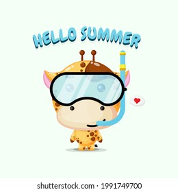 Cute giraffe mascot wearing diving gear in summer