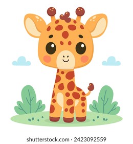 Cute giraffe in the meadow. Vector baby illustration