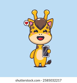 Cute giraffe with mobile phone cartoon vector illustration. vector cartoon illustration suitable for poster, brochure, web, mascot, sticker, logo and icon.