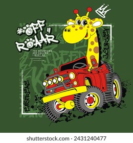 Cute giraffe with  Monster car on abstract background typography, vector illustration