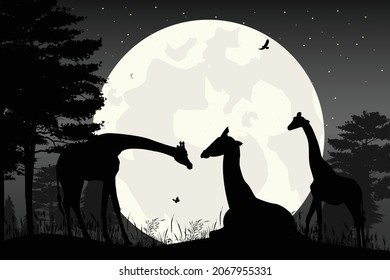 cute giraffe and moon silhouette