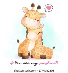 Cute giraffe mother and baby illustration