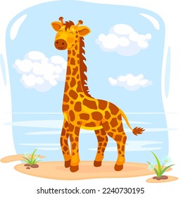 Cute giraffe in nature, cartoon vector illustration. Landscape with a kawaii giraffe that stands on the sand on a sunny day and smiles happily