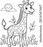 Cute Giraffe in Nature Coloring Page Line Art Vector