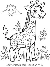 Cute Giraffe in Nature Coloring Page Line Art Vector